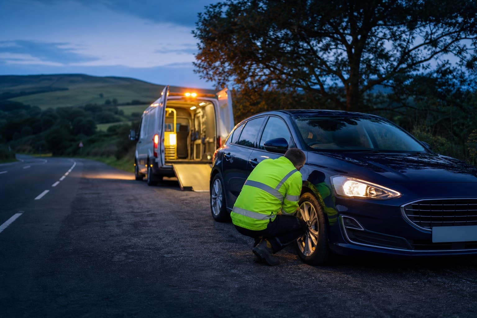 A roadside recovery technician helping a driver beside a car